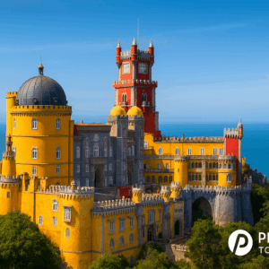 Colorful Pena Palace castle overlooking the Atantic ocean.