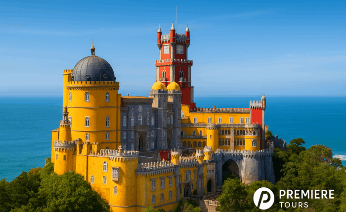 Colorful Pena Palace castle overlooking the Atantic ocean.