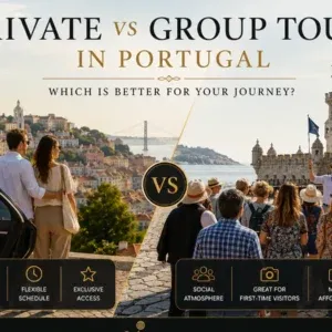 Comparison between luxury private tours and group tours in Portugal featuring chauffeur service and guided sightseeing